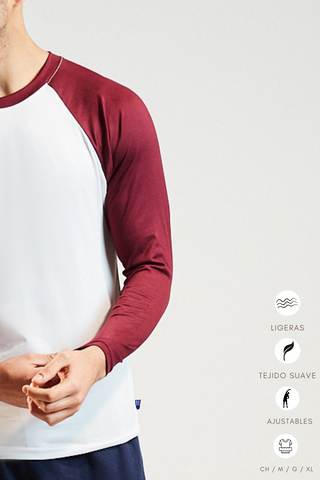 Playera manga larga Bicolor Ultra Suave Blanco con Vino